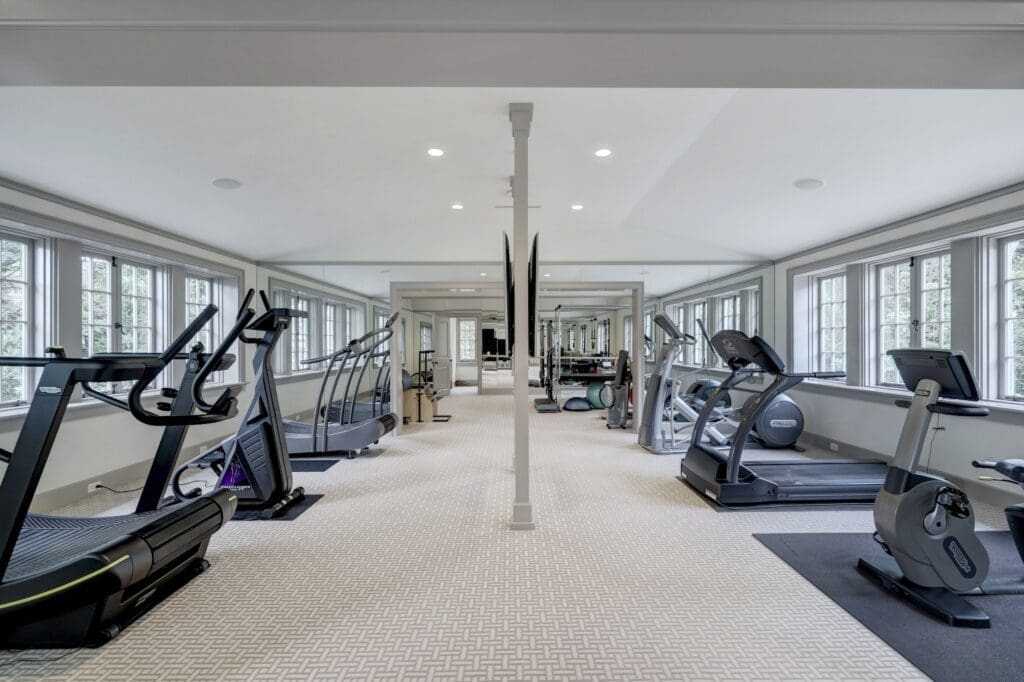 The expansive workout room at 3 Briarwood Court is one of several amenities that would appeal to Olympians. (Photo by TK Images for Compass)