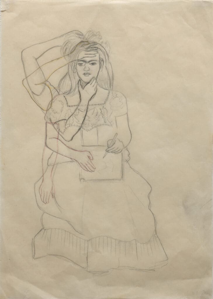 Frida Kahlo, Self-Portrait Drawing, n.d., pencil on paper, private collection. © 2024 Banco de México Diego Rivera Frida Kahlo Museums Trust, Mexico, D.F. / Artists Rights Society (ARS), New York