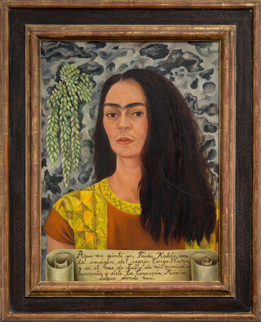 Frida Kahlo, Self-Portrait with Loose Hair, 1947, oil on Masonite, private collection. © 2024 Banco de México Diego Rivera Frida Kahlo Museums Trust, Mexico, D.F. / Artists Rights Society (ARS), New York