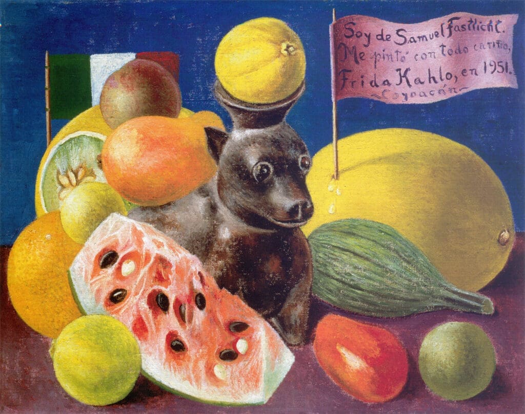 Frida Kahlo, Still Life (I Belong to Samuel Fastlicht), 1951, oil on Masonite, private collection, courtesy Galería Arvil, México. © 2024 Banco de México Diego Rivera Frida Kahlo Museums Trust, Mexico, D.F. / Artists Rights Society (ARS), New York