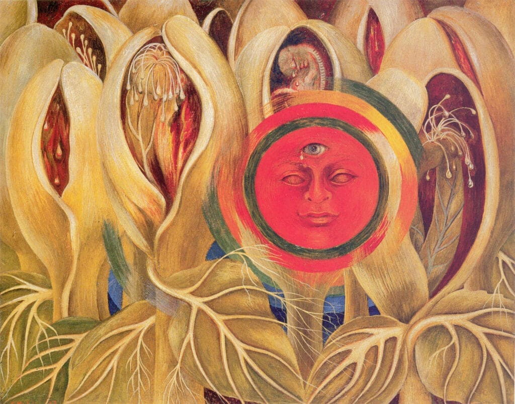 Frida Kahlo, Sun and Life, 1947, oil on Masonite, private collection, courtesy Galería Arvil, México. © 2024 Banco de México Diego Rivera Frida Kahlo Museums Trust, Mexico, D.F. / Artists Rights Society (ARS), New York