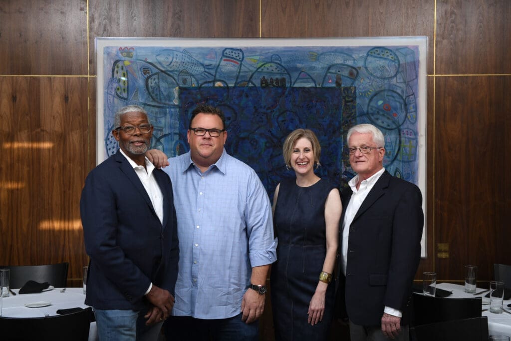 Floyd Newsum, Chris Shepherd, gallerist Nicole Longnecker and architect Jim Herd at Georgia James Steakhouse. (Photo by Jack Opatrny, courtesy Nicole Longnecker Gallery, Houston)