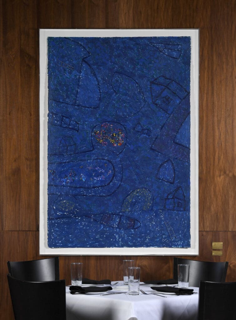 Floyd Newsum's "Four Ladders in Blue." This painting appeared at the original, Chris Shepherd-helmed Georgia James Steakhouse in Houston. (Courtesy Nicole Longnecker Gallery)