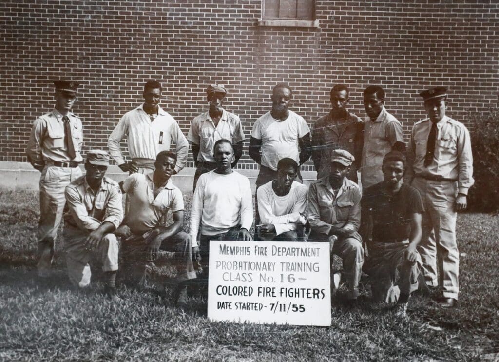 Floyd Newsum Sr. (bottom row, third from right) was one of 12 pioneering Black firefighters in Memphis, Tennessee. Their unit was founded in 1955, and Newsum Sr. was the last surviving member when he passed away in 2019. (Courtesy the Newsum family)