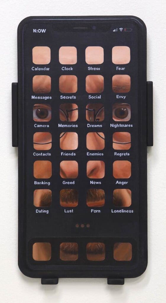 John Slaby's "Phone Prison," 2022, is an evocative self-portrait of the artist.(Photo courtesy of Archway Gallery)