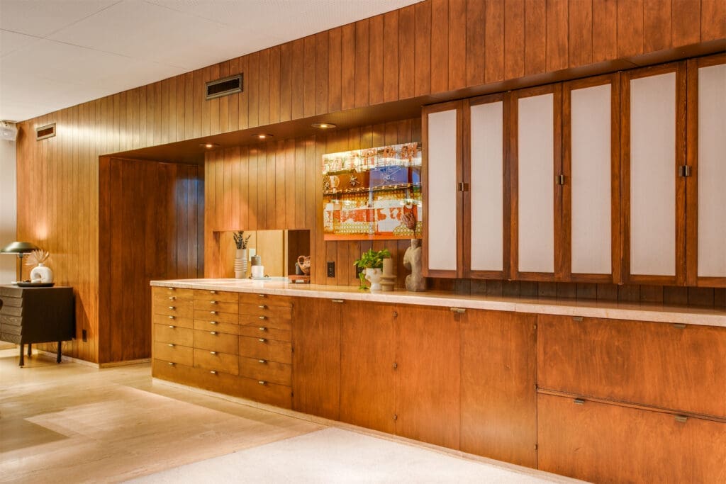 Rows of built-ins in the form dining area.