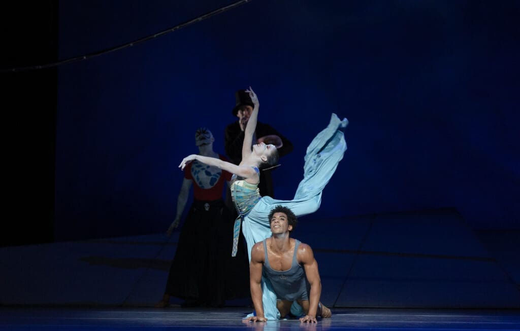 Houston Ballet principal Karina González as The Little Mermaid/His Creation and first soloist Gian Carlo Perez as Edvard/The Prince, with Artists of Houston Ballet in John Neumeier’s "The Little Mermaid." (Photo by Amitava Sarkar)