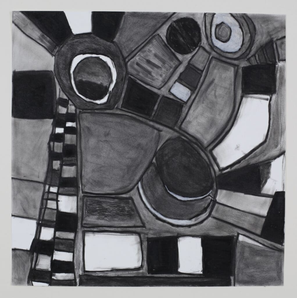 Bob Russell’s pencil drawing, "It Takes a Village," 2024, at Andrew Durham Gallery. Russell and other artists' works are the inspiration for a group of female Honduran artists' embroidered works that give back.