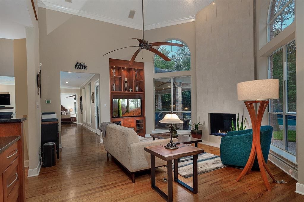 The cozy family room looks onto the backyard. 