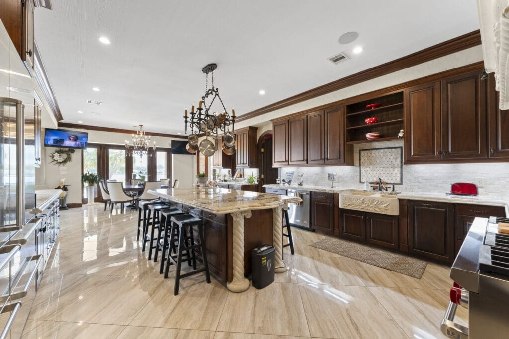 The modern kitchen at 401 Lakeshore Drive in El Lago, Texas.  (Photo by Iconic Images)