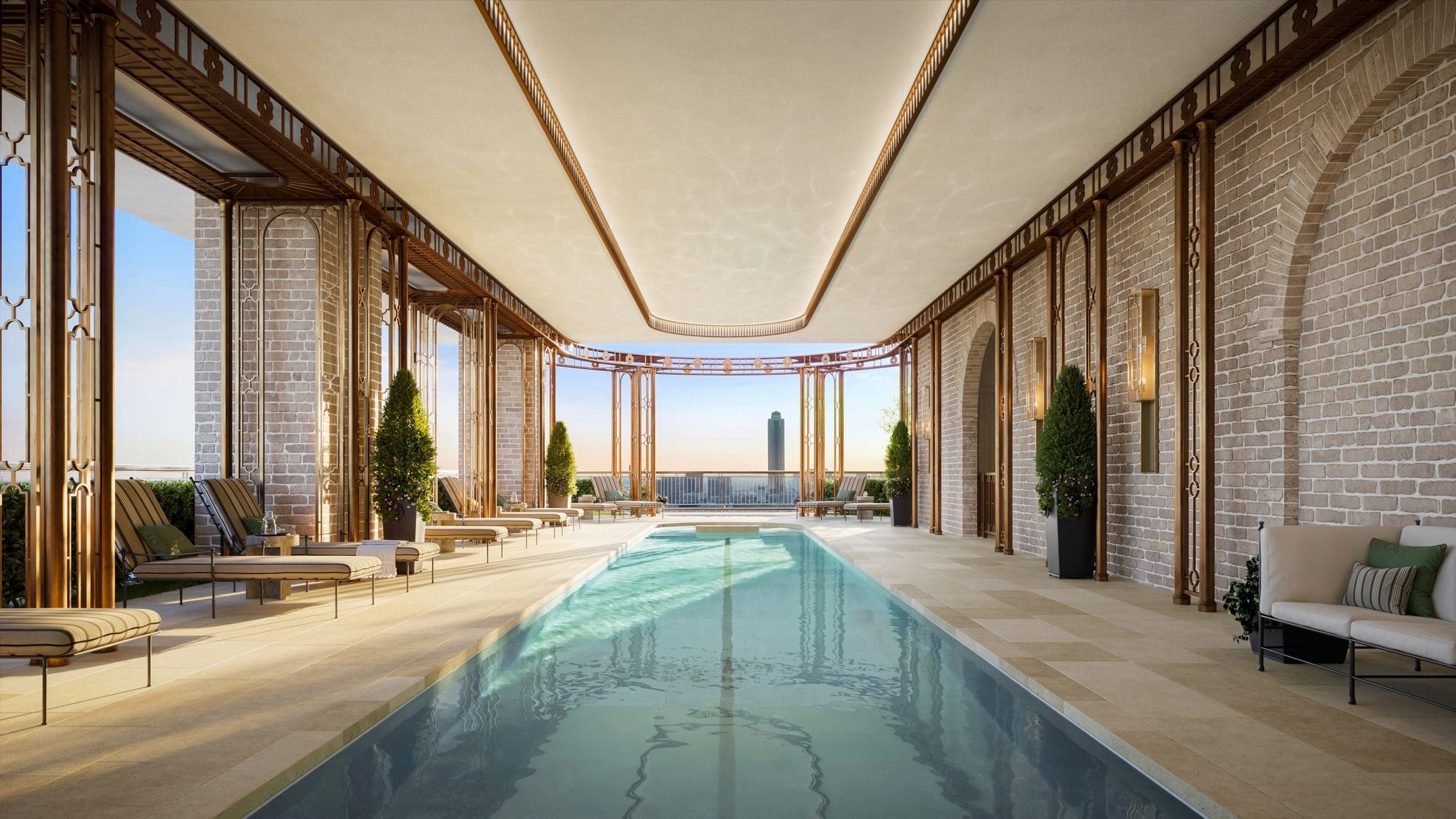 The pool at The Birdsall in The RO mixed-use development is on the 13th floor, partly covered with ironwork to create something of a sheltered space that is still open to the outside air.