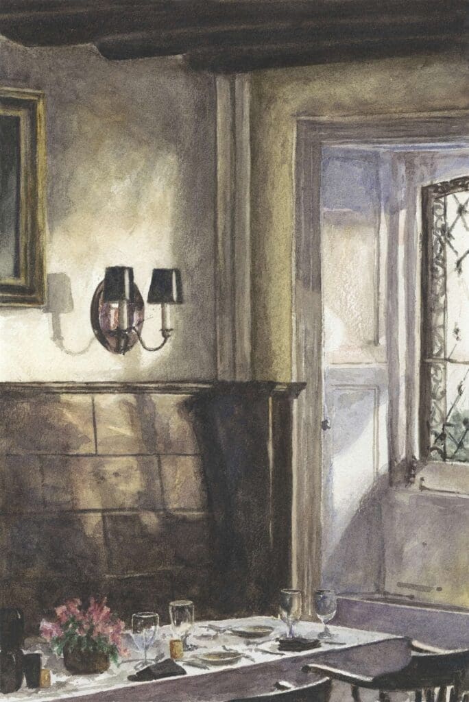 Bill Curtis painted this scene of light raking across a table in Balthazar during a trip to New York City.