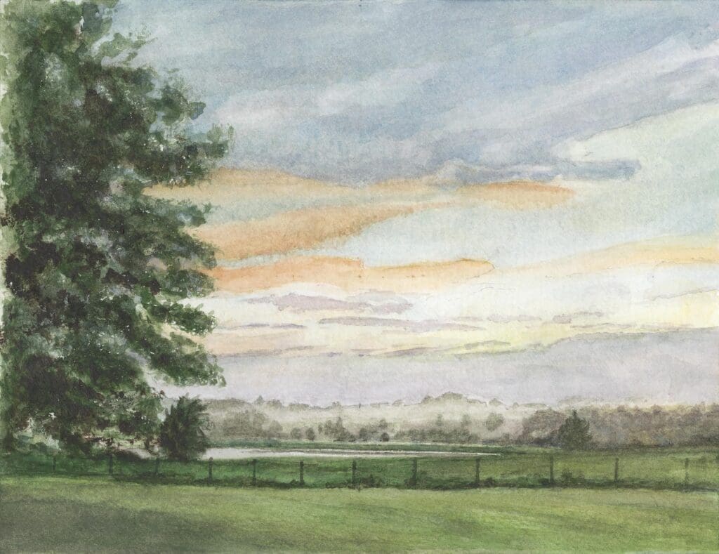 A sunrise view of Bill and Jane Curtis' farm, with fog rising from the lake, painted in 2020.
