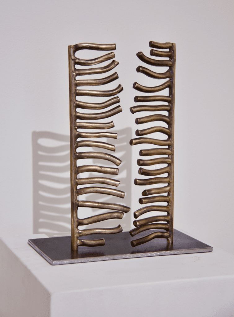 Tara Conley's steel-and-cast bronze sculpture "And One Day, We Won't," 2024, is on view at ELLIO Fine Art.