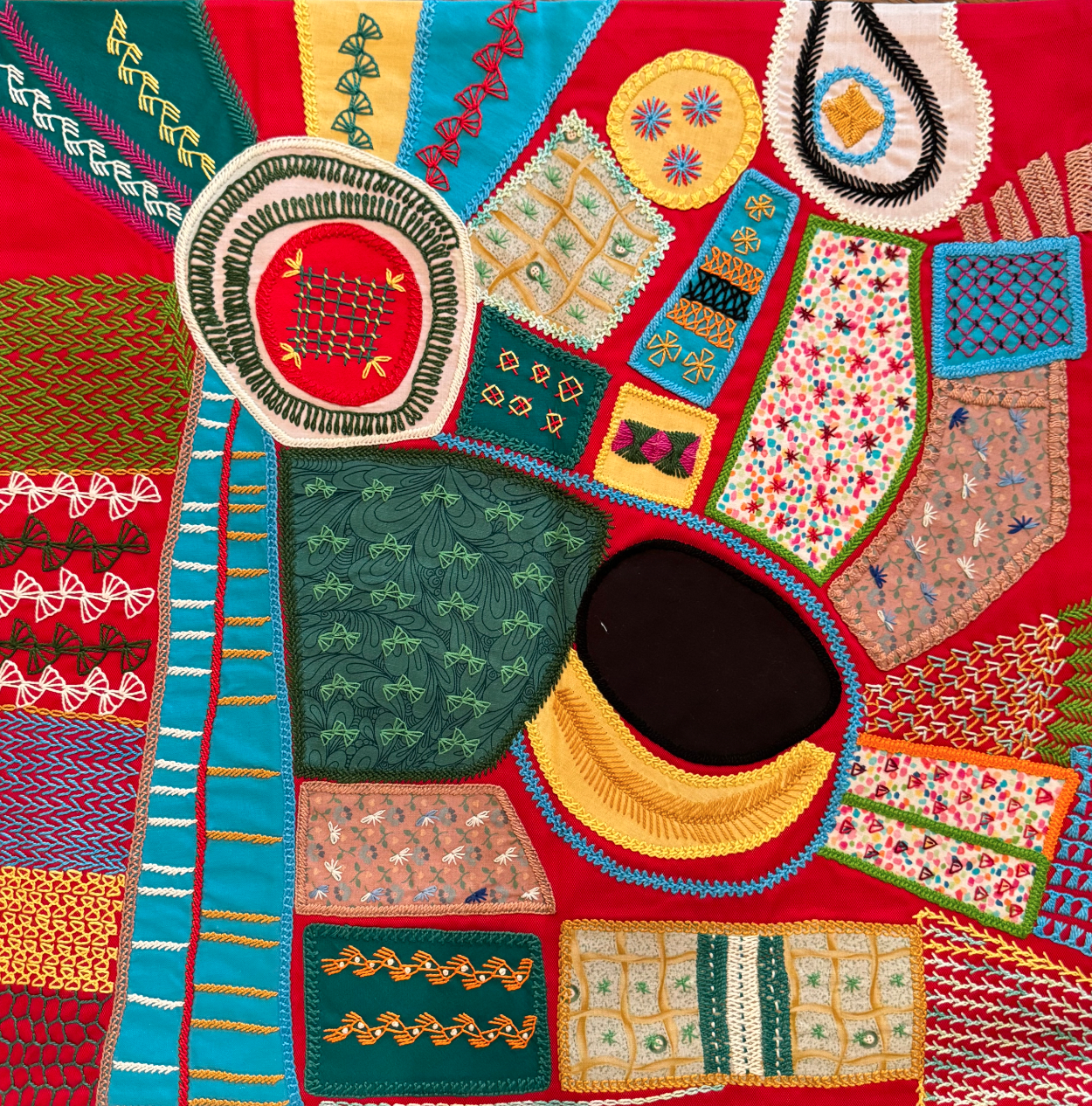 Honduran artist Yeni reinterpreted Bob Russell's "It Takes a Village," 2024, with a vibrant, contrasting palette.