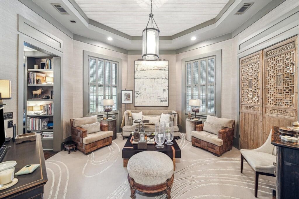 The primary suite study at 6024 Memorial Drive is a spacious octagonal complete with built-in desk.