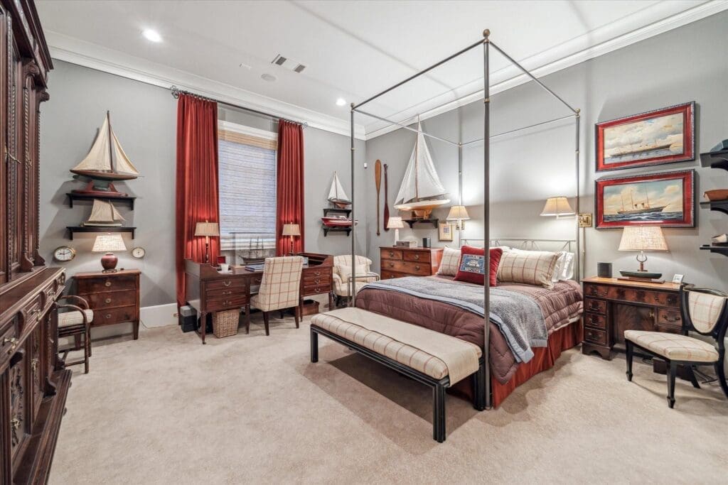 The private guest suite features a luxurious bath and glass encased shower ideal for pampering visitors.