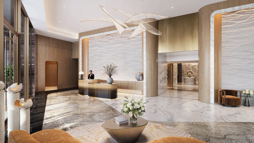 The St. Regis Residences, Houston lobby exemplifies the luxe finishes and details throughout the residences. (Rendering courtesy of Shimahara Visual)