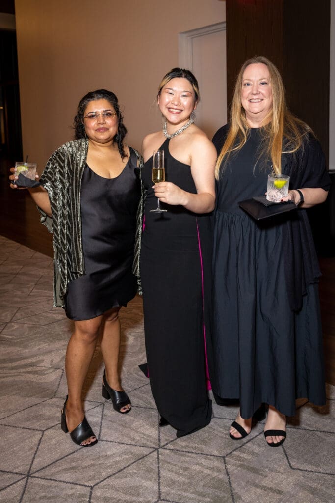 Eepi Chaad, ALH curator and exhibitions manager Zhaira Costiniano, Bridget Bray at Art League Houston's 76th Anniversary Gala, Bloom (Photo by Alex Barber)