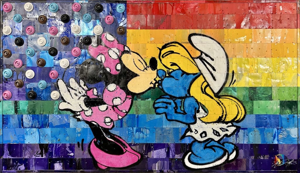 Houston-based, French muralist Mr. D 1987's "From Montrose with Love," 2024, is on display at Alliance Francaise de Houston. Made from the street artist's used paint cans, the pop-art piece is part of Mr. D 1987's "Frenchies & Friends" exhibit. 