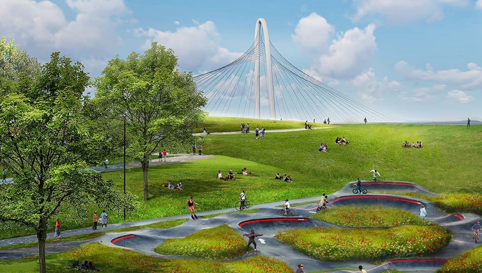 A one-acre skate and bike park can be accessed across a land bridge at Harold Simmons Park. (Courtesy)