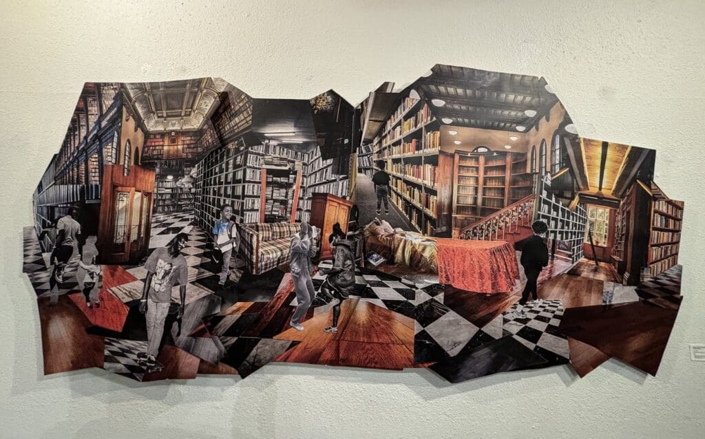 Kaima Marie Akarue's 2023 work, "Mama said don't play in the house," at The Anderson Center for the Arts. Laminate wood panel and vinyl. (Photo by Ericka Schiche.)