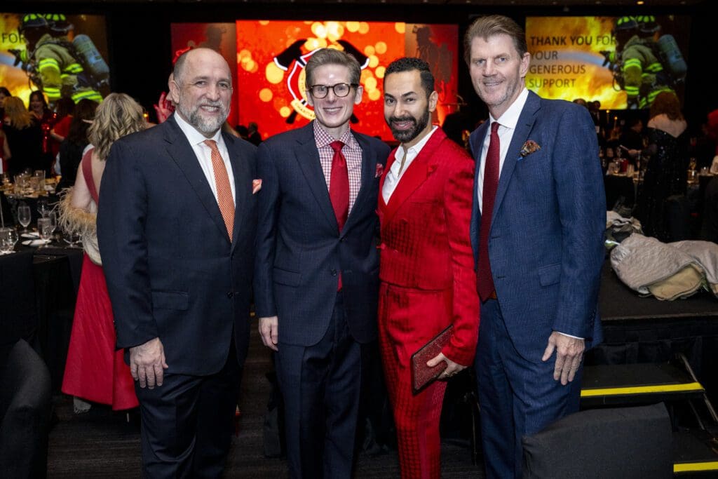 Kirk Kveton, Daniel Irion, Fady Armanious. Bill Baldwin at the Red Hot Gala benefiting the Houston Professional Firefighters Association (Photo by CatchLight Group)