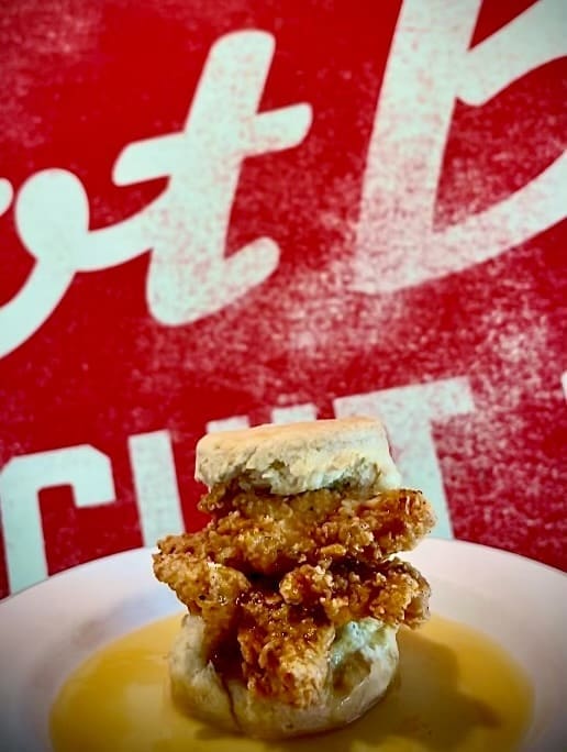 Behold the new honey butter chicken strip sandwich at Hot Box Biscuit Club.