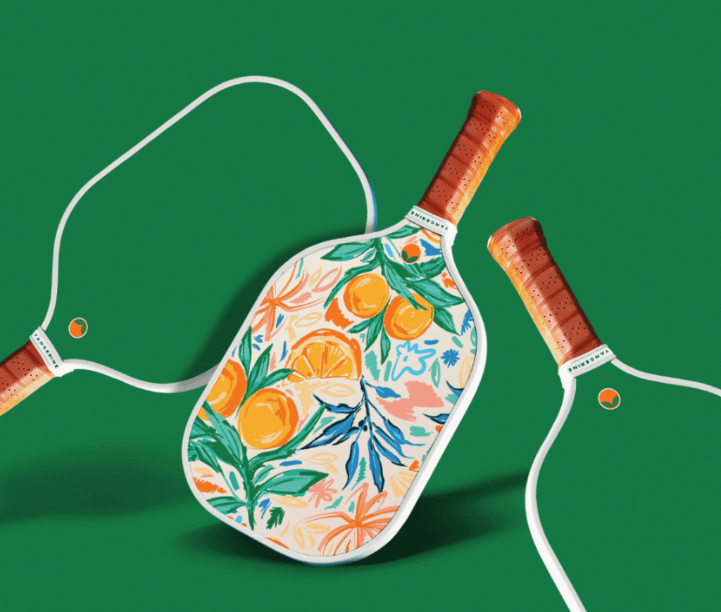 Tangerine's 'Kauai' picklebell racquet inspired by the lush forests of Kauai ($85) will have them looking as good as they play. 