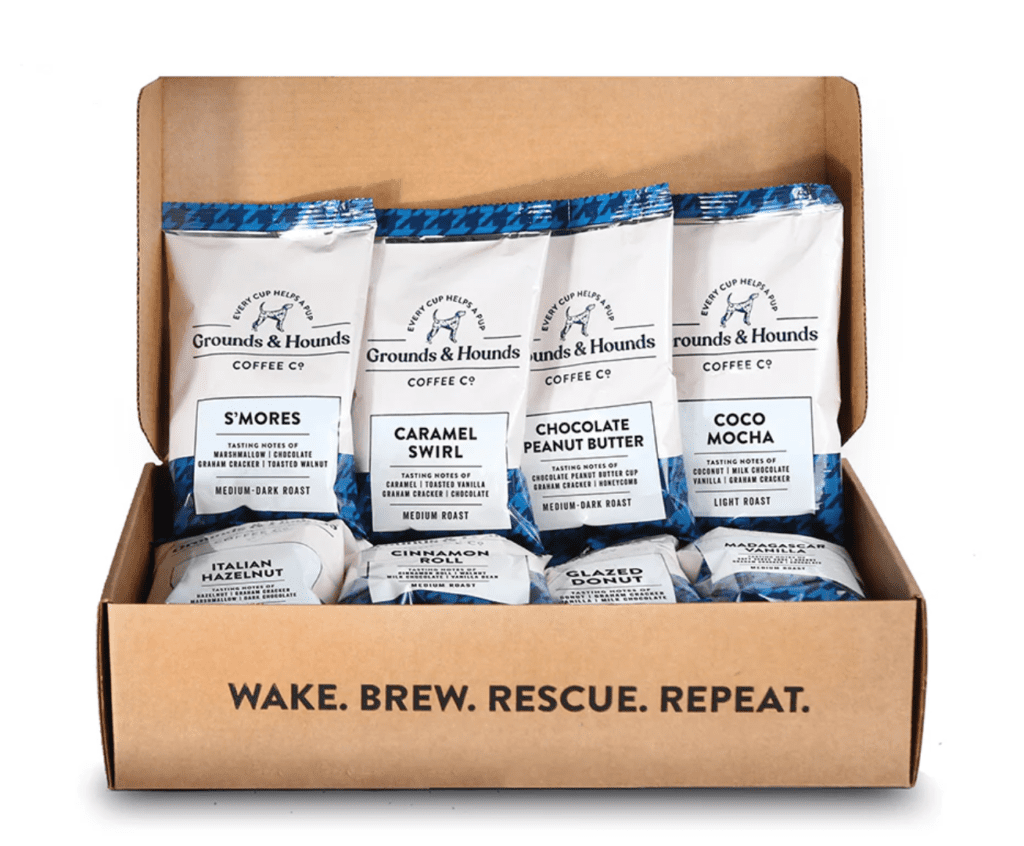 The Eight Flavored Blend Sample Kit is a collection of organic coffee blends, with a portion of proceeds benefiting dog rescue efforts. (Photo courtesy Grounds & Hounds)