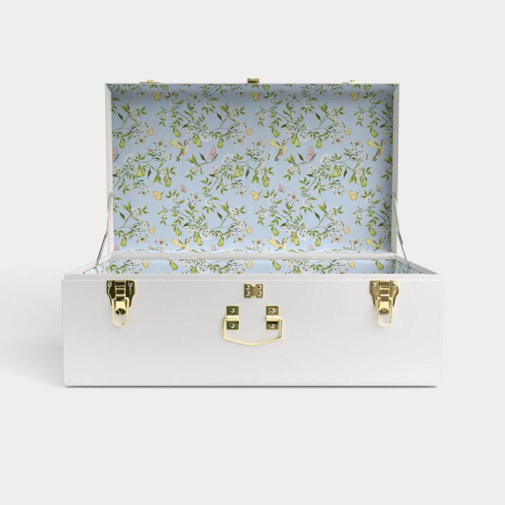 The Classic Trunk Bundle is handcrafted and fully customizable, perfect for preserving treasured heirlooms. (Photo courtesy Petite Keep)