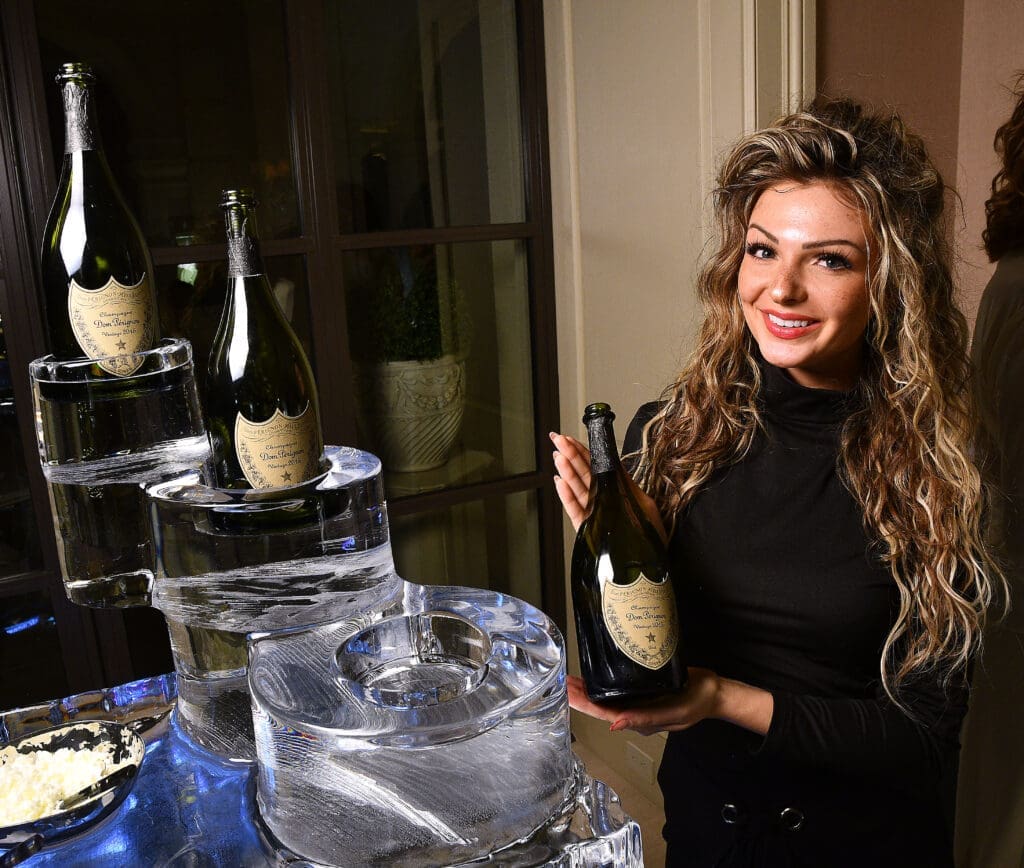 Dom Perignon champagne on display on the massive ice sculpture (Photo by Dave Rossman)