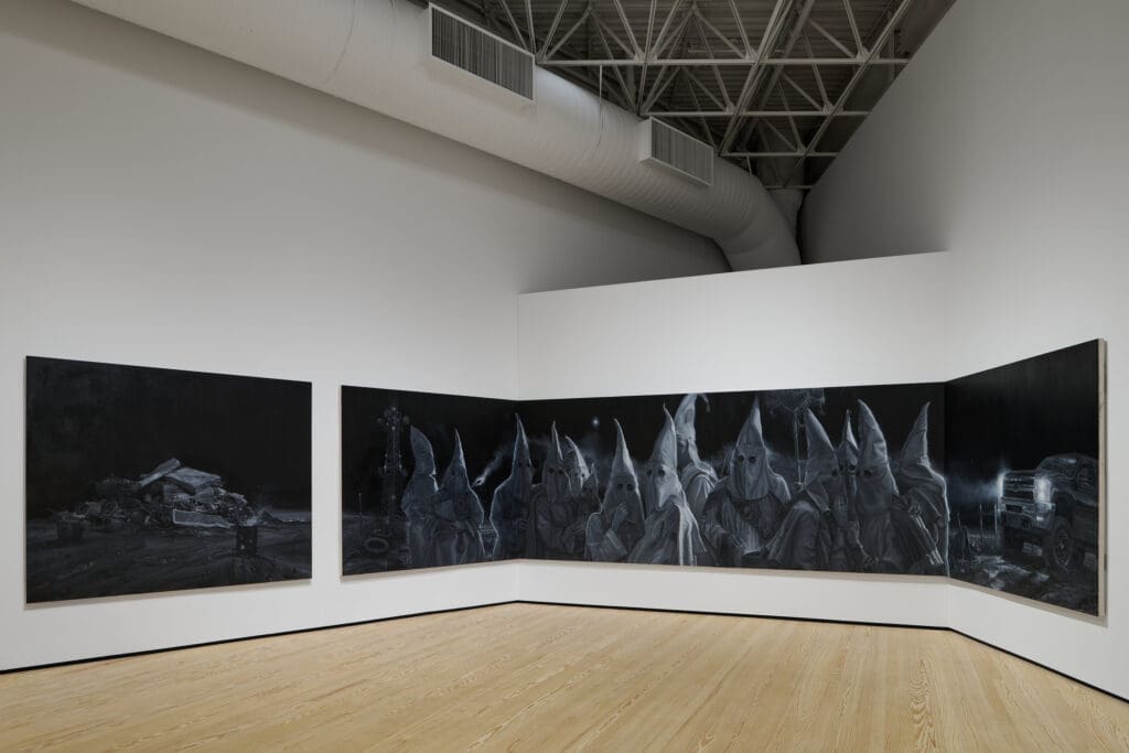 Vincent Valdez, The Beginning is Near (An American Trilogy), Chapter One: The City, The City I (2015-16). Oil on canvas. Inspired by Philip Guston’s The City Limits, Valdez’s work challenges us to confront the enduring legacies of racial violence and white supremacy in American society. (Photo courtesy the artist)