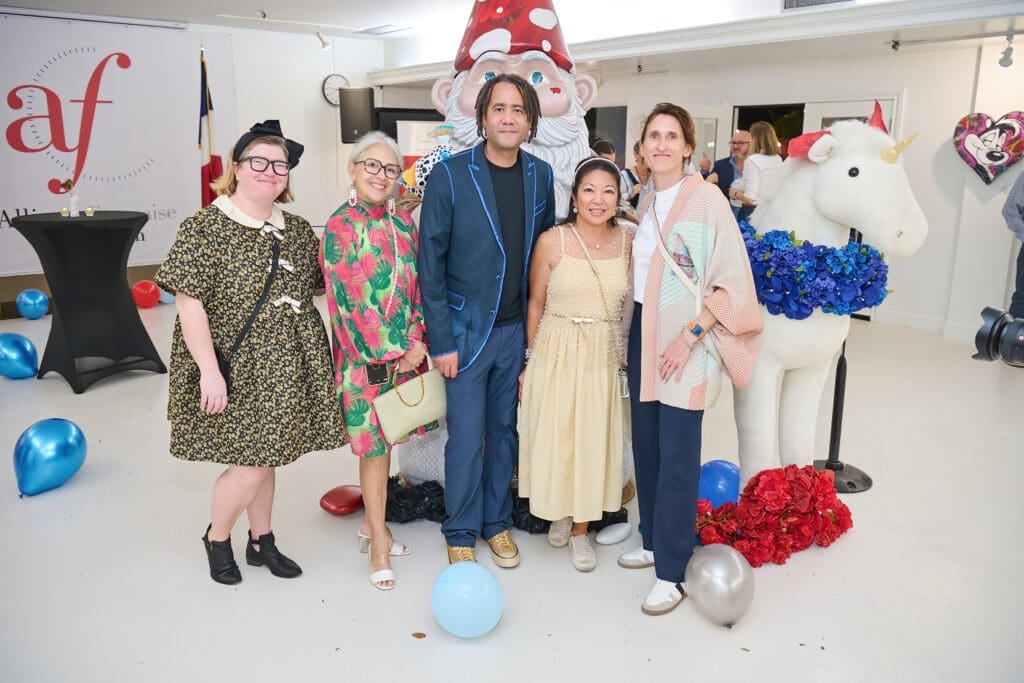 Emily Long, Yvonamor Palix, Josh & Tina Zulu, Emilie Duval at the "Frenchies & Friends" opening celebration at Alliance Française de Houston. (Photo by Charlie Horse Photography)