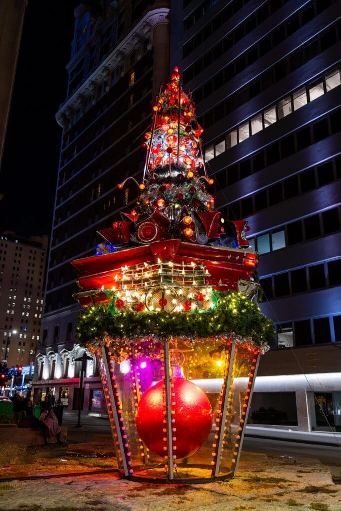 While in Downtown Dallas, you may notice a "tree" made of car parts. The Neiman Marcus Car Tree was commissioned in 2003 and moved to its current home in Pegasus Plaza in 2012.