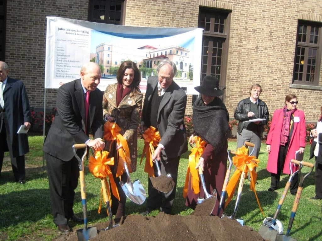 Groundbreaking for the Julia Ideson Library building, for which Phoebe Tudor, seen here with Mayor Bill White, founded the Julia Ideson Library Preservation Partners.