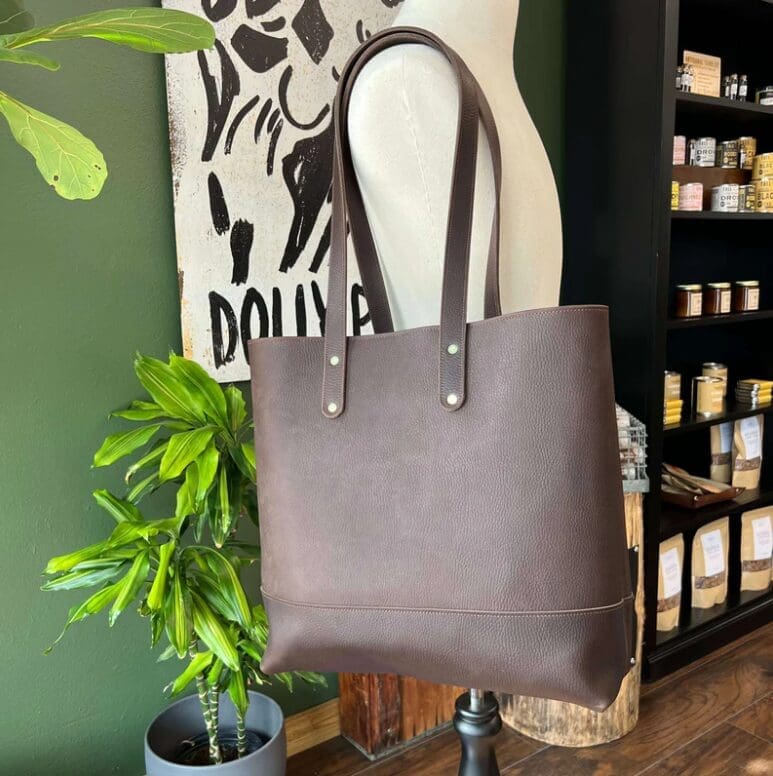 The Forever Tote from Odin Leather Goods features solid brass rivets and durable craftsmanship, perfect for everyday use. (Photo courtesy Odin Leather Goods)