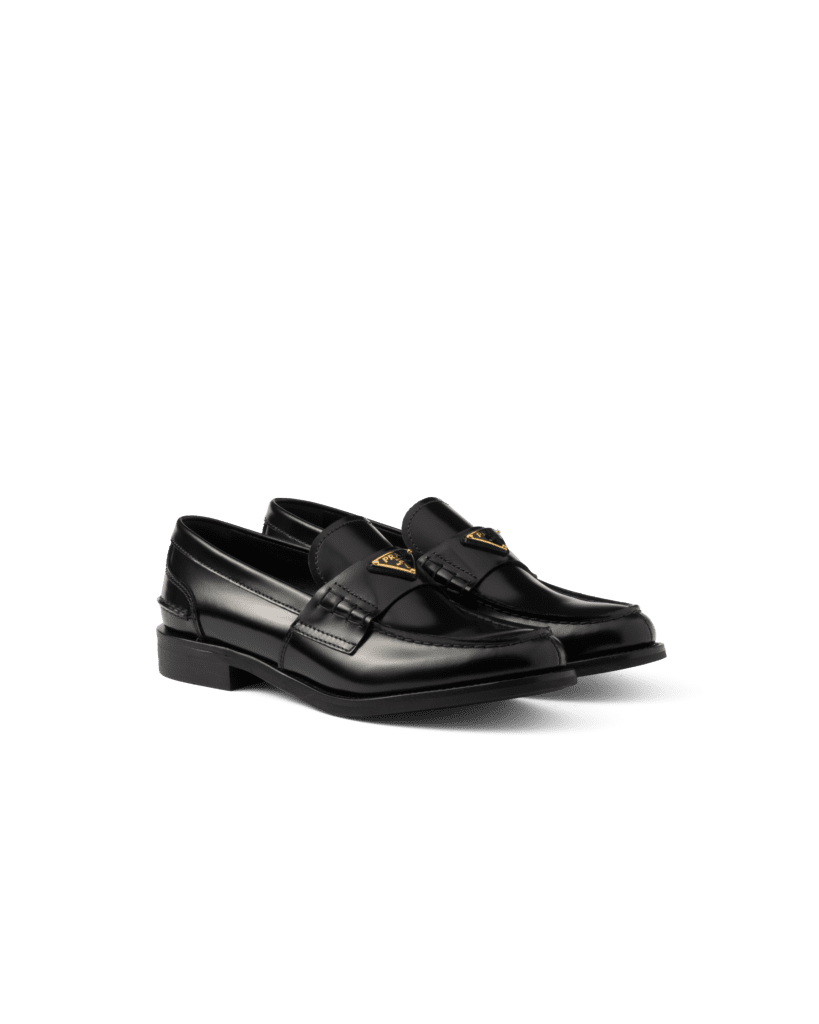 Prada brushed leather loafers, 
$1,200, available at the Prada boutique.
