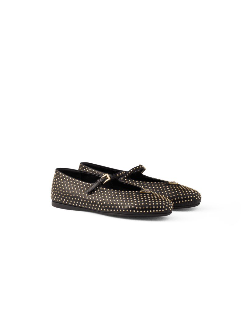 Prada nappa leather ballerinas with studs, $1,150, available at the Prada boutique.