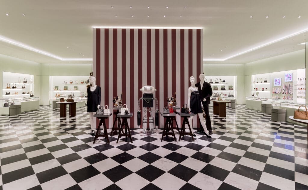 The massive new Prada boutique features black-and-white checkered marble floors reminiscent of the original Prada store in Milan’s Galleria Vittorio Emanuele II.