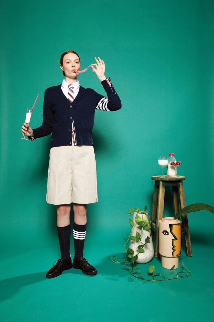 Thom Browne Mr. & Mrs. Thom holiday cardigan $1,490, Oxford shirt $490, stripe tie $350, twill chino shorts $470, four-bar socks $120, and heeled Longwing brogue $1,340, at Forty Five Ten, Neiman Marcus, farfetch.com, modaoperandi.com, net-a-porter.com.
MOUS Haven vase $495, at MOUS.
Serax X Kelly Wearstler red wine glass $132, champagne flute $128, and champagne coupe $146, at The Conservatory.
Greg Natale Visage vase $270, at Forty Five Ten.
 (Photo by Tony Solis)