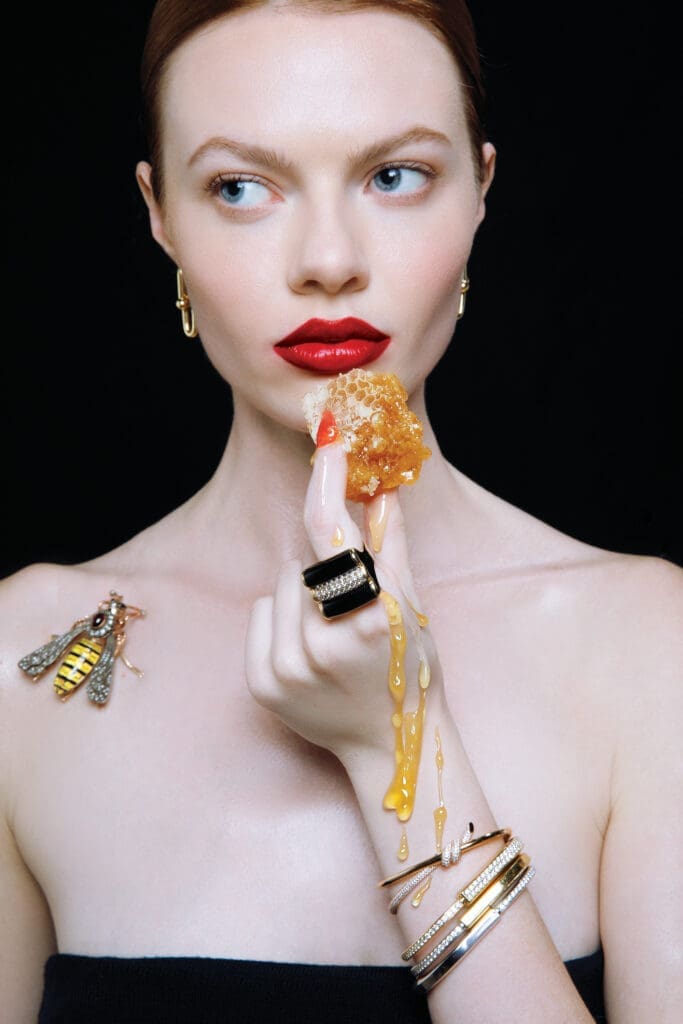 Estate ring with diamonds and black onyx $4,650, and vintage Russian bumblebee pin with diamonds and garnets $12,800, at tenenbaumjewelers.com.
HardWear by Tiffany link earrings $4,200; Lock by Tiffany bangles — in gold with pave diamonds $16,000-$42,000; and Knot by Tiffany bangle in rose gold with diamonds $27,000, at select Tiffany & Co. boutiques. (Photo by Tony Solis)