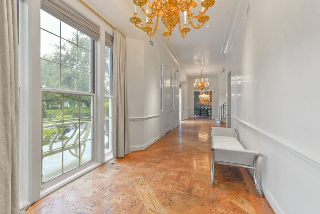 Chandeliers line the gallery at 1069 Kirby Drive.