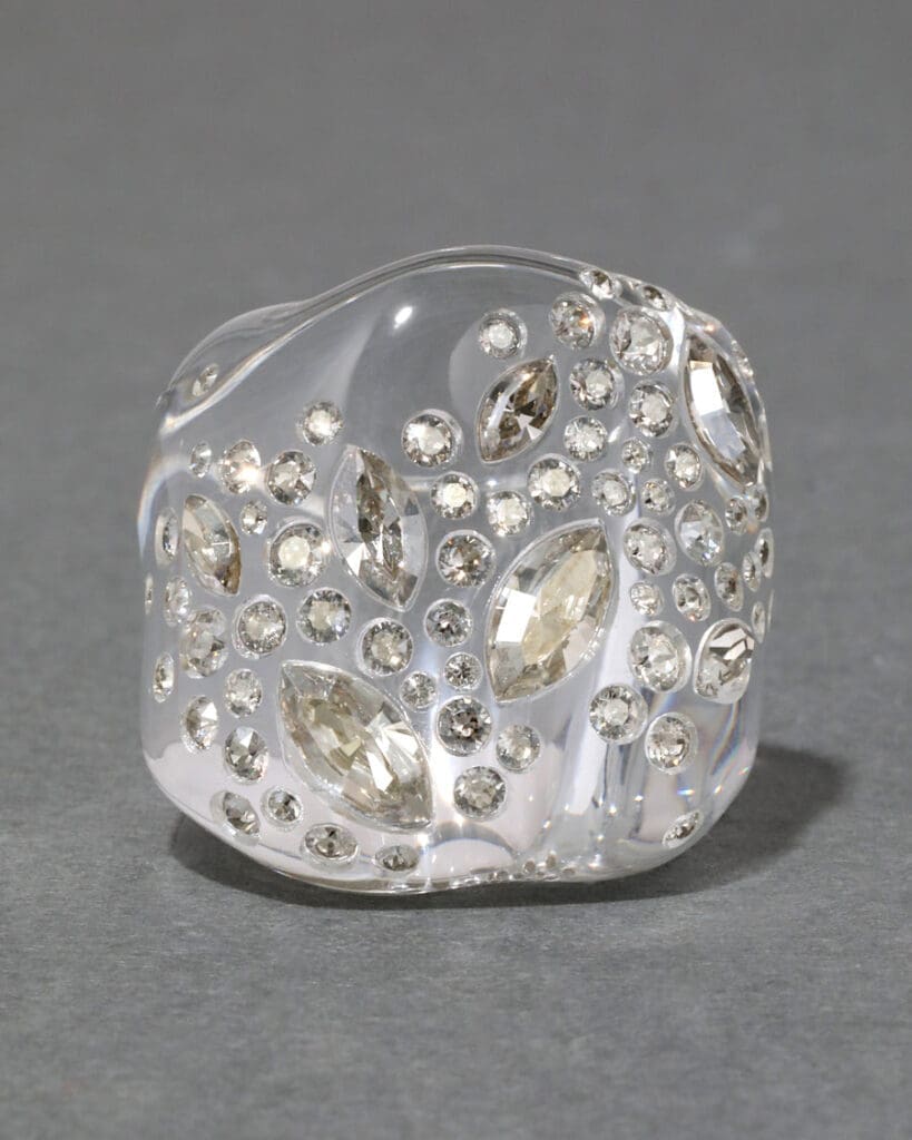 Confetti Crystal Lucite Puffy Ring- Clear, $195. (Photo by Tony Solis)