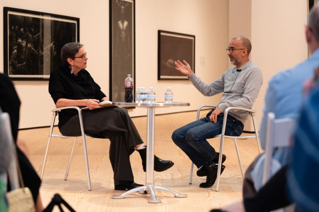 Writer Mimi Swartz, an executive editor for Texas Monthly, leads a conversation with artist Vincent Valdez for "Vincent Valdez: Just a Dream…" at Contemporary Arts Museum Houston, 2024. (Photo courtesy Contemporary Arts Museum Houston)