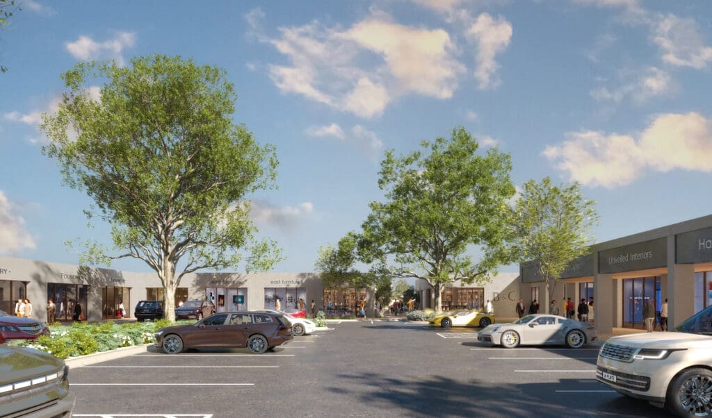 The 160,000-square-foot property will undergo a multi-million-dollar redevelopment before it opens its “glass doors and tree-lined walkways.” (Courtesy rendering)