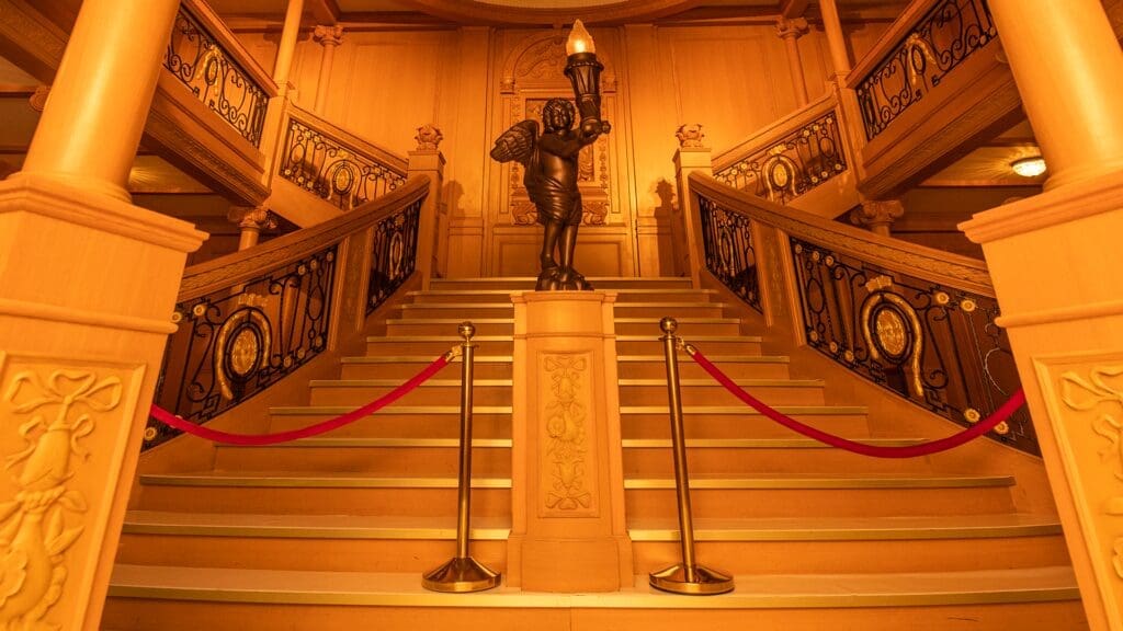 A two-story full-scale recreation of the ship’s famous Grand Staircase is on display at "Titanic: The Exhibition." (Courtesy)
