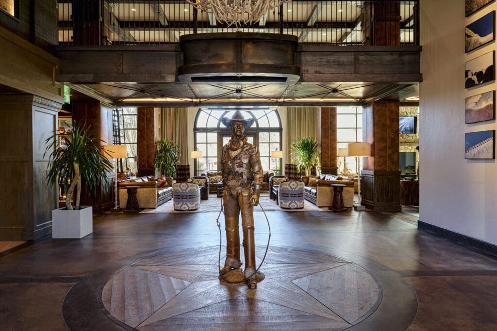 A sculpted, welded cowboy greets guest at Hotel Drover. Courtesy Hotel Drover