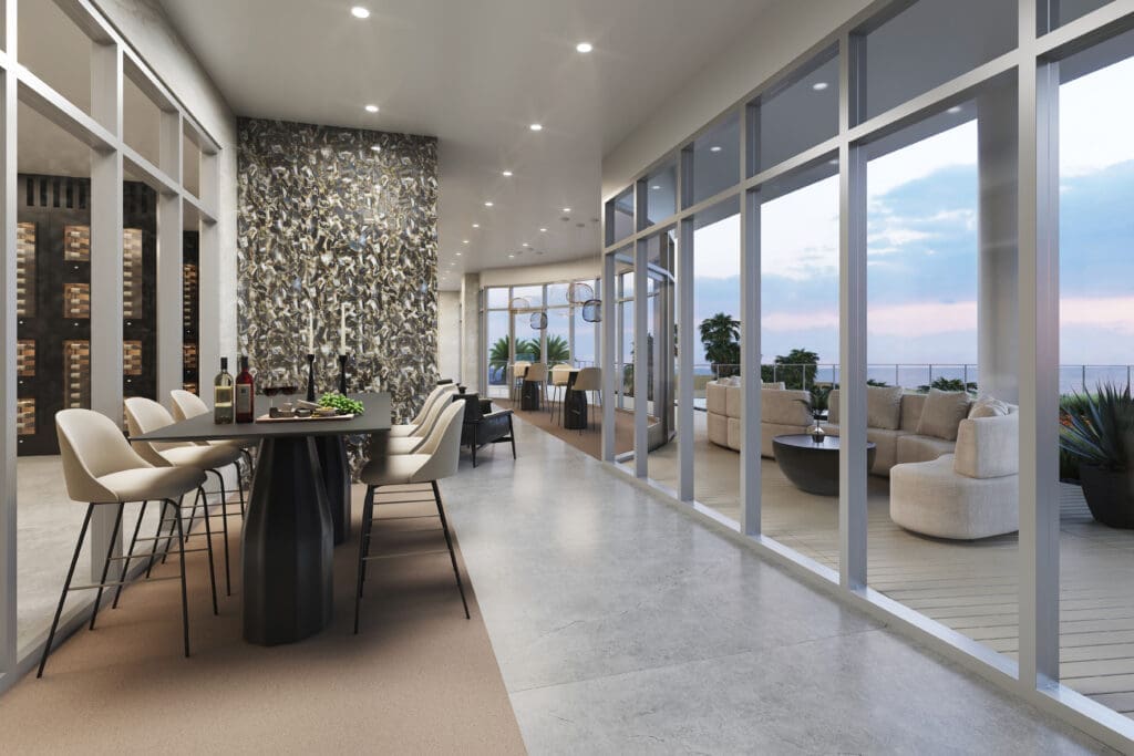 The wine room in one of numerous special amenities at Tiara on the Beach, Galveston (Rendering courtesy of Bogza)
