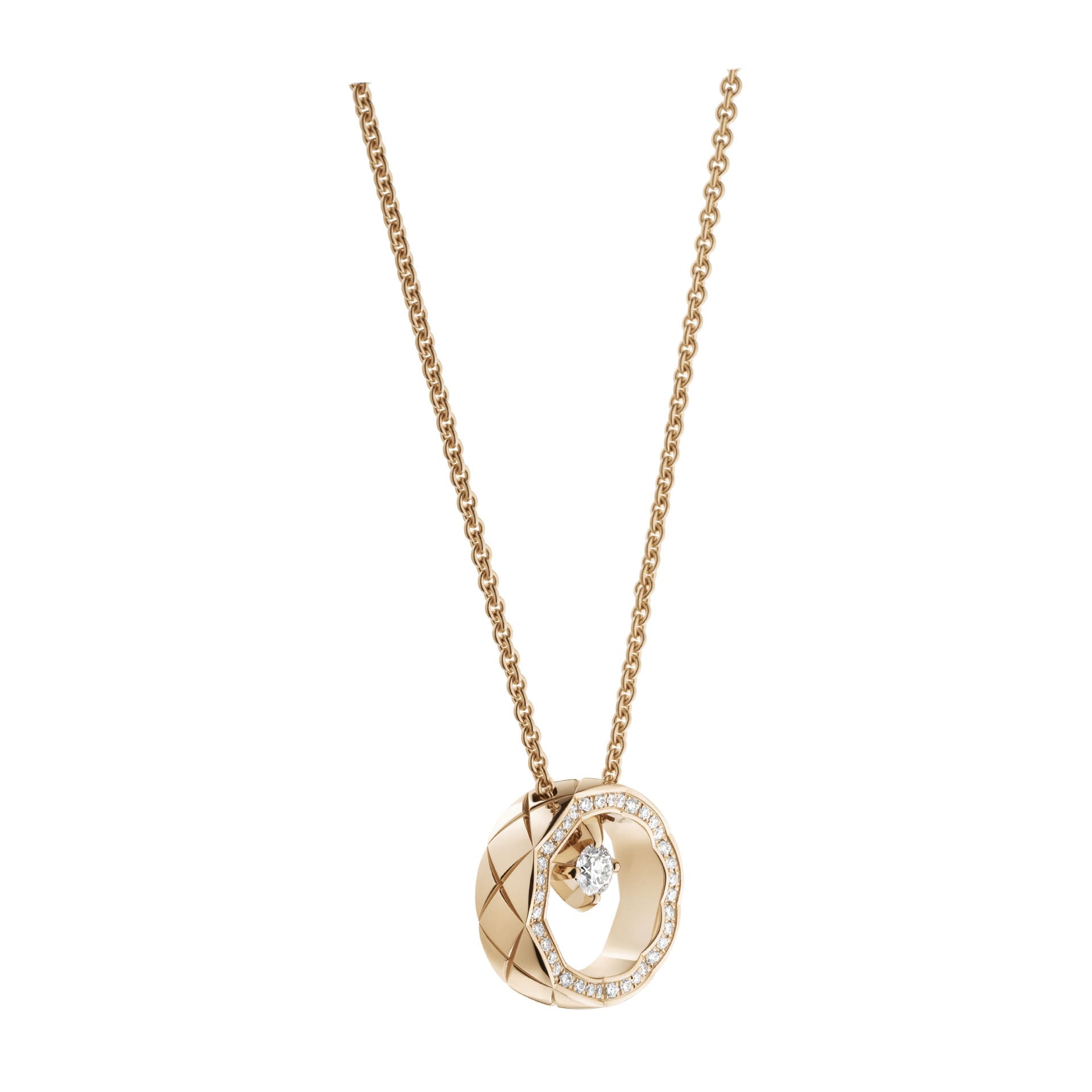 Coco Crush necklace, quilted motif, in 18K beige gold and diamonds.